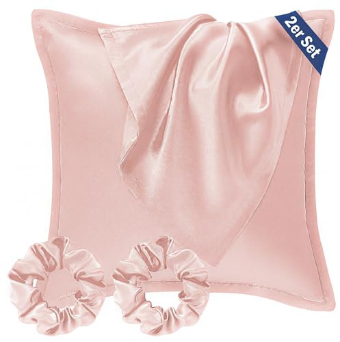 Seiwohl Satin Kissenbezug 80x80 2er Set, Weich wie Seidenkissenbezug Silk Pillowcase, Vegane Seide Kopfkissenbezug Kissenhülle Seidenkopfkissen für Haar und Haut mit Haargummis, Korallen Rosa