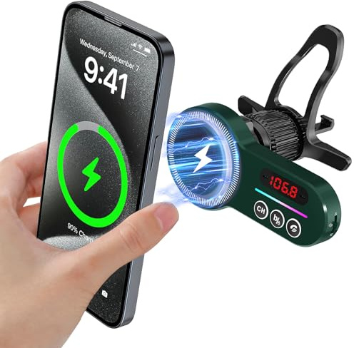 Magift Für MagSafe Autohalterung mit Auto Bluetooth Transmitter Schwarz Magnetisch für iPhone, 7 Hintergrundbeleuchtung Bass Freisprecheinrichtung Unterstützt TF SD Karte 64G 3.5mm AUX PlayMusic