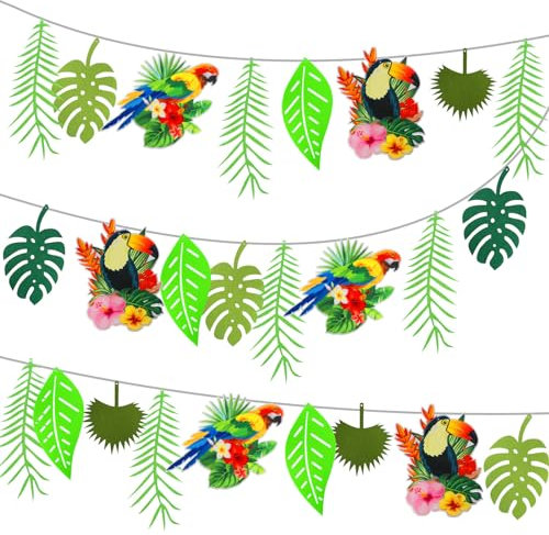 LAMEK 3 Stück Tropische Blätter Banner Palmenblätter Girlande Dschungel Bunting Party Deko Hawaii Tropische Vögel Partysbanner für Sommerparty Hawaiian Luau Dschungel Aloha Jungle Thema Party