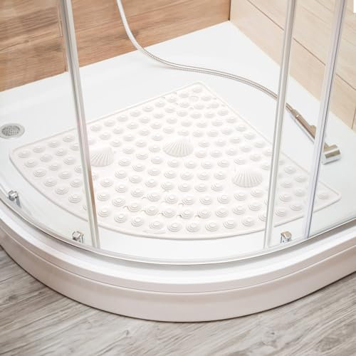 Tatkraft Shell - Tappeto Doccia Angolare, 58x58 cm, Fatto in Italia, Antimuffa, Tappetino Doccia Antiscivolo in PVC, Spesso Perfetto per Anziani e Bambini, Lavabile in Lavatrice, Bianco