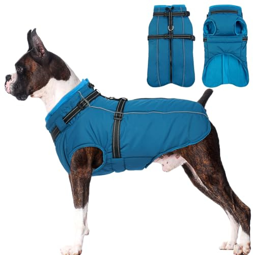 Lelepet Wasserdichte Hundejacke mit Geschirr, eingebauter warmer Hunde-Wintermantel, winddichte reflektierende Fleecejacke, Hundemäntel für mittelgroße Hunde, Thermo-Schneeanzug für kaltes Wetter