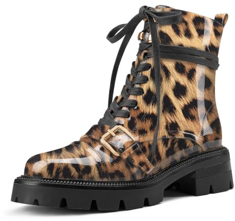 NobleOnly Donna Basso Chunky Blocco Tacco Heel Lacci Stivaletti Cerniera Rotonda Punta Casual Stivali 3.5 CM Heels Marrone Leopardo 40 EU