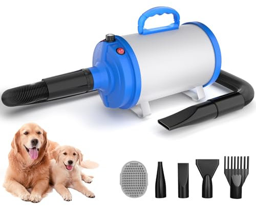 Blanlody Sèche-Cheveux pour Chien Blower - Très Silencieux - 4,5 CV / 3200 W - Moteur réglable - Souffleur de Soins pour Chien avec 4 Buses différentes - Tuyau élastique et Brosse d'entretien