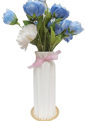 PargaDeco Weiße Keramikvase, geometrische Vase, 21 cm hoch, Origami-Design, kleine Keramik-Blumenvase, moderne Bauernhaus-Säulenvase für Lego-Blumen mit niedlichem Schleifenband, einfache elegante