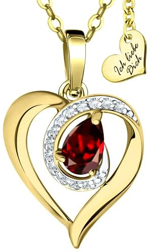 Limana Herzkette echter Edelstein Silber 925 Gold vergoldet Halskette Damen Kette Herz Anhänger Schmuck Geschenk Weihnachten Frauen Freundin Liebesgeschenk Goldkette (roter Granat)