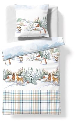 fleuresse Aspen Biber Bettwäsche 155x220 Hirsch Bäume Häuser Schnee Karo 434474-2