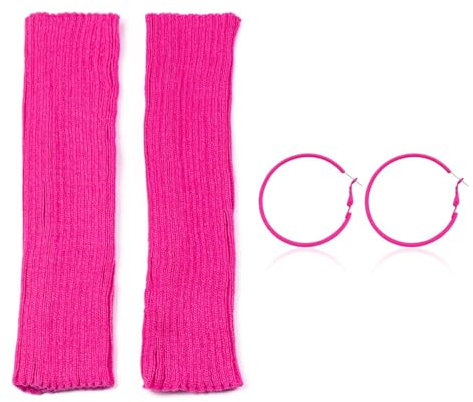 CVDYWDJIE 1 Paar Rosa Beinstulpen Und 1 Paar Creolen, Einfache Ohrringe, Warme Beinstulpen, Gestrickte Beinstulpen, Retro-Beinstulpen, Bekleidungszubehör