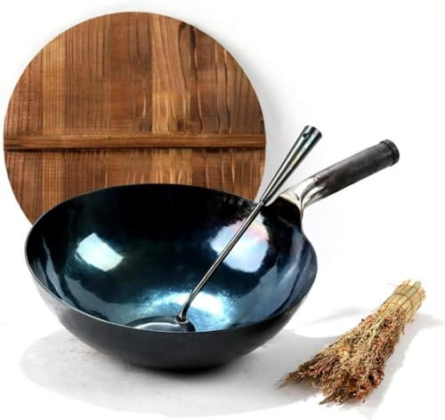 Wok-Set aus handgehämmertem Gusseisen, 35,6 cm, mit Schöpfkelle und Deckel, traditionelles chinesisches Meisterwerk (34 cm)