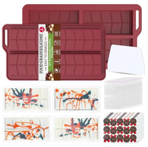 ZONBBEE Chocolate Bar Mold Moulds Deep,Thick Dubai Stuffed Pistachio Silicone Molds Kit for Making Large Shapes Chocolate Filling Candy Bar with 2 Pack and 100pcs Bags and 104pcs Stickers