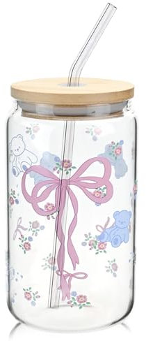 Durdiiy vaso de cristal de 16 oz con tapa y pajita, Vasos de cristal de Pequeño oso rosa arco, botella de vidrio de té con leche, reutilizable, taza de batido para café, cóctel, té,bebida fría,regalo
