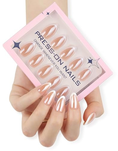 French Tip Nails - 30Pcs Short Press On Nails Almond - Chrome False Nails With Glue - Glazed Nude French Tip False Nails - Full Cover Stick On Glue On Nail For Women Manicure Decoration