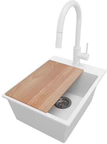 PRIMAGRAN Fregadero Granito Blanco 38x50cm, Cocina 1 Seno + Grifo 40x20cm + Sifón + Tabla de cortar, Sobre encimera al mueble 40cm - Riga