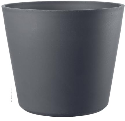 Deroma Origin Pflanzgefäß, rund, leicht, stoßfest, langlebiger Kunststoff, für Innen- und Außenbereich, runder Topf für Terrasse/Veranda, Wasserreserve und Ablaufstopfen, trendiger Übertopf für