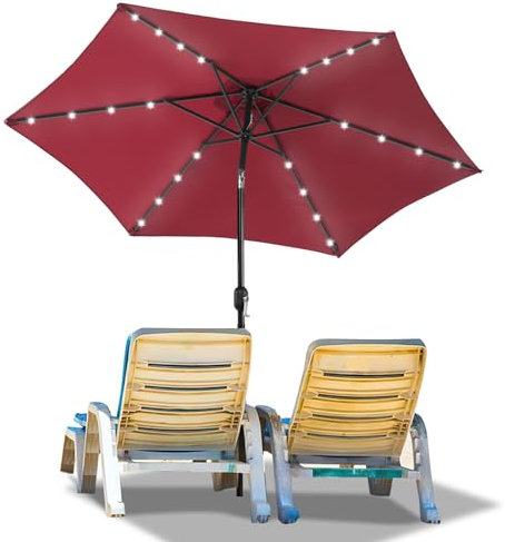 Ollewiellan Sonnenschirm LED Solar Ø 270 cm mit Kurbel, Ampelschirm beidseitig um 30° knickbar, UV Schutz 50+ Strandschirm, Sonnenschutz, Gartenschirm für Terrasse, Balkon, ohne Ständer, Rot