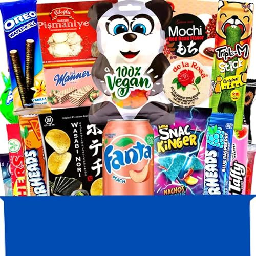 Vegane Süßigkeiten Box – Deine leckere Weltreise Veganbox - Vielfältige Sweets & Snacks Candy Box - Vegan Süßigkeiten Geschenk (XL)