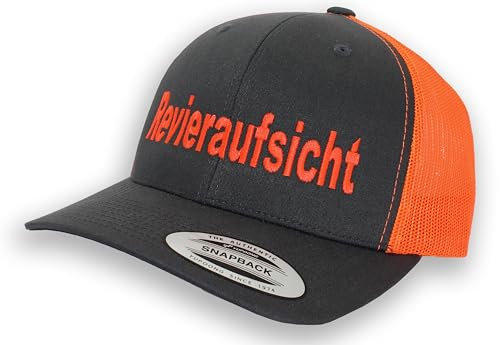Trucker Cap Flexfit Snapback : Revieraufsicht - Jäger-Hut Outdoor Cap - Cappi Geschenk für Jäger Natur Baseball Cap Kappe Mütze Outdoor Förster Ausrüstung Weidmanns Zubehör (Charcoal/Neon Orange)