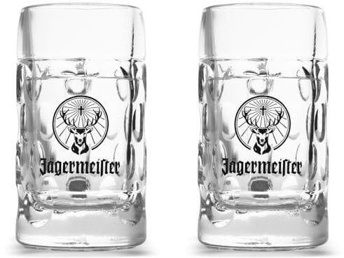 Jägermeister 2 Stück 4cl Mini-Krug Schnaps-Glas Schnaps-Gläser Shot-Glas Shot-Gläser mit Henkel und Logo, transparent