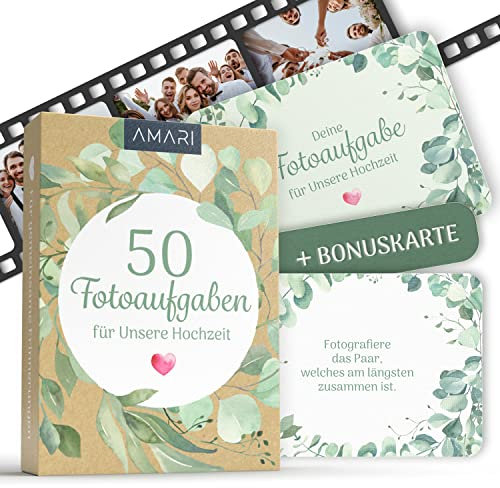 AMARI ® Fotospiel Hochzeit - 50 Fotoaufgaben für Hochzeitsgäste - Hochzeitsspiele für Gäste - Hochzeits Geschenk, Hochzeitsspiel, Fotobox, Gästebuch, Hochzeit Deko