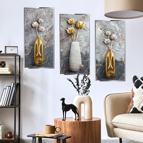 Blumen Wandabziehbilder für das Wohnzimmer, 3Stück Goldene Vasen Blumen Wandaufkleber Abziehbilder für Wohnzimmer Schlafzimmer Küche Dekor, 3D Blume Aufkleber
