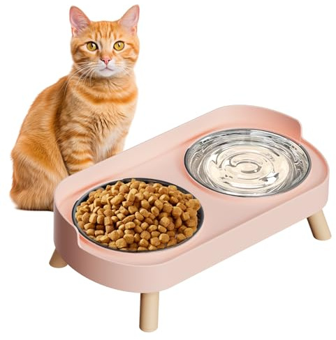 Elevated Cat Bowl, Raised Cat Food and Water Bowl Set for Indoor Cats, Splash Proof with 2 Stainless Steel Pet Food Bowls for Cats and Puppies, Whisker Fatigue and Dishwasher Safe - Pink