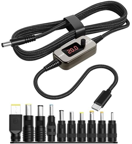 Dexumodbk 1m Type-C/PD to DC 5.5x2.1mm Adapter Power Charging Cable 100W [5V/9V/12V/15V/20V Adjustable Voltage],with LED Display and 10 DC Plug Connectors,PD Trigger Cord for Laptop,Camera,Printer