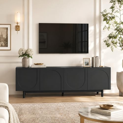 OLIVIBED TV-Möbel 175x38x56cm, TV-Schrank mit Verstellbare Einlegeplatten, Leichte Lowboard mit strukturierten Türen, Massivholzbeine, für Wohnzimmer Schlafzimmer, Schwarz