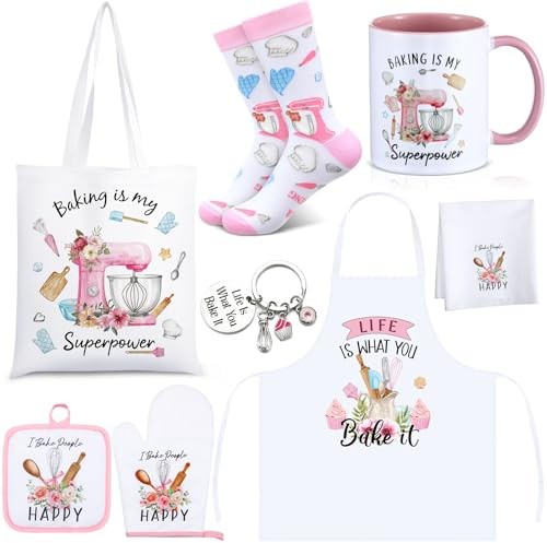 Bulyoou 8 Pcs Christmas Baking Gifts Set Apron Bag Oven Mitt Mat Towel Mug Keychain Socks Bake Gifts for Women Birthday Presents for Sister Wife Aunt Mother's Day Thanksgiving