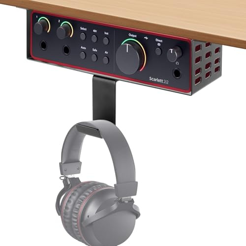 JinLunar Metal Under Desk Mount for Focusrite Scarlett 2i2 4rd Gen with Adjustable Headphone Hanger Stand, Metal Under Desk Mount for Audio Interfaces and Studio Gear (Black Holder Only)