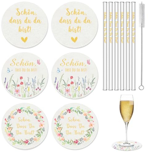 Bierdeckel, Untersetzer Schön DASS du da bist Rund 10cm, 6 Stück Filzuntersetzer mit Sprüchen, 6 Stück 20 cm Glas Strohhalmen, Untersetzer aus Filz, Tischdeko Hochzeit, Geburtstag Deko Hochzeitsdeko