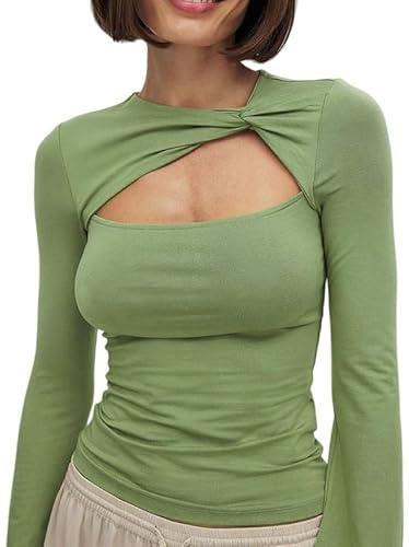 Sukiglam Maglietta Donna Maniche Lunghe a Campana Elegante T-Shirt con Disegno Traforato Sexy Y2K Top con Nodo Decorativo Casual Blusa Basic Slim Fit Magliette Tinta Unita Pullover per Streetwear