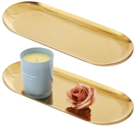 2 Pcs Gold Stainless Steel Oval Trays - Decorative Trinket Serving Tray for Jewellery, Candle, Keys, Cosmetics, Vanity, Bathroom & Living Room (23x9cm)