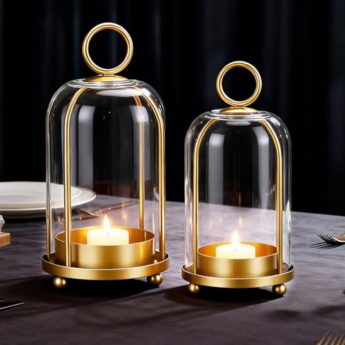 MEKOTRIN 2PCS Candle Holders, Modern Metal Hurricane Candlestick Holders with Glass Dome, Aesthetic Versatile Candle Holder - 5 & 4 Wide for Pillar Candle Home Table Decor(Holder Only)