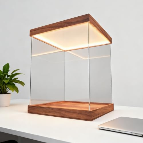 Acryl Vitrine Vitrine aus Transparentem Acrylglas, 15 20 25 30 40 50 60 70 cm, Große LED-beleuchtete Kunststoff-Vitrinenbox, Staubschutzhülle (alternativ: Glasvitrine)(Wood,60x60x70cm(24x24x28in))