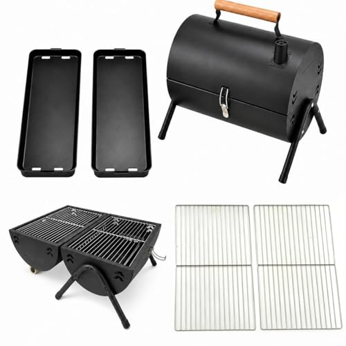 Barbacoa de carbón portátil, ahumador de doble cara con chimenea, brasero exterior con mango de madera, 2 parrillas y 2 bandejas de carbón, para 4-6 personas, jardín y fiestas