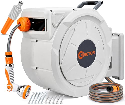 Bietor Schlauchtrommel Wasser 45m + 2m, 180° Schwenkbar Wand-Schlauchbox, Automatischer Gartenschlauch trommel mit 10-Funktionen Gartenbrause für Gießen Autowaschen