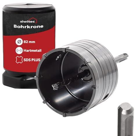 siwitec SDS Plus Hartmetall Bohrkrone 82mm mit Zentrierbohrer und Standard Bit, Steckdosenbohrer für Mauerwerke & Unterputz, Dosenbohrer für Unterputzdosen, Hohl-Bohrkrone für Beton, Stein und Ziegel