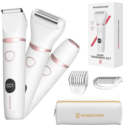 MAXGROOM Rasoir Électrique Femme 3-en-1, Tondeuse Étanche IPX6 pour Corps | 90 min d'autonomie & Affichage LED & Lame Céramique, Rasoir Humide/Sec pour Visage, Aisselles, Jambes, 4 Peines