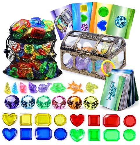 SIENON Tauchspielzeug für Kinder, 109 Stück Pool-Spielset für die Unterwasser-Schatzsuche, 60 sinkende Edelsteine, 8 Meerestiere, 1 Piraten-Schatzkiste, 38 wasserfeste Karten, Spaß Wasserspielzeug