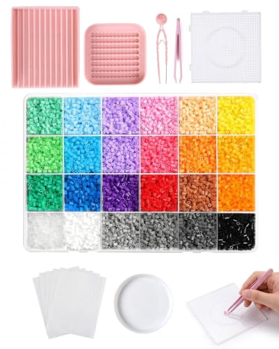BTACGWP Mini Bügelperlen 8.400 Stück, 24 Farben DIY Bastelperlen mit Präzisions-Board und Werkzeug, für Pixel Art, Musterdesign, Dekoration, Schlüsselanhänger und Handarbeitsprojekte
