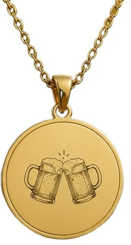 LKBEADS Beer Glass Engraving Pendant Necklace Round Shape Made In 925 Sterling Silver Gold Plated Charm With 18 Cable Chain Handmade Jewelry For Men Women |LKD_EGP_00573
