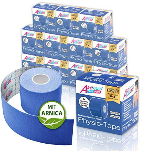 AKTIMED Tape PLUS Kinesiologie Tape – Sporttape mit pflanzlichem Extrakt Arnica D6* – patentiertes Physiotape Dermatest „sehr gut“ – Kinesiologie Tapes elastisch & wasserfest [blau]