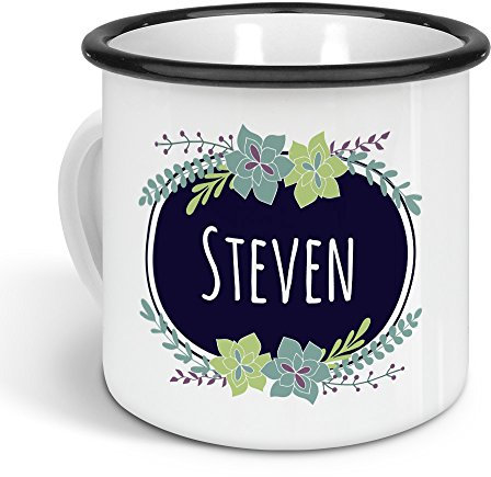 printplanet - Emaille-Tasse mit Namen Steven - Metallbecher mit Design Flowers - Nostalgie-Becher, Camping-Tasse, Blechtasse, Farbe Schwarz, 300ml