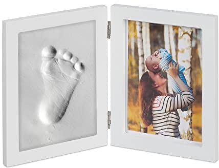 Relaxdays 4 x Babybilderrahmen mit Gipsabdruck, Set für Handabdruck oder Fußabdruck, DIY Babyabdruck mit Bilderrahmen, weiß