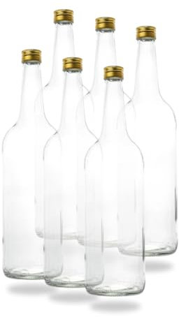 BAUER 10 leere 1 Liter Glasflaschen 1000ml mit Schraubverschluss Gold PP28 - Glastrinkflasche 1l ideal als Wasserflasche Glas 1l, Schnapsflaschen 1l, Likörflaschen 1l oder leere Weinflaschen 100 cl