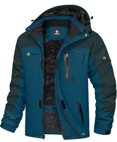GEMYSE Veste de Ski pour Homme Impermeable Coupe-vent Manteau d'hiver Chaud avec Capuche Blouson Randonnée pour Montagne(Rose Bleu Gris,L)