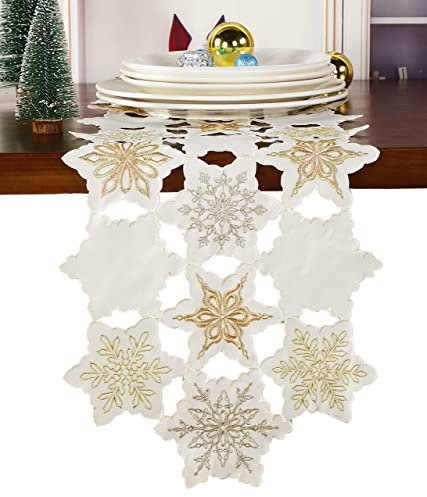 GRANDDECO Tischläufer mit besticktem elegantem Schneeflockenmuster, festlicher Winterkommode, Schal, Tischdekoration für Familie, Weihnachten, Zuhause, Küche, Abendessen, Tischdekoration, 33x91 cm