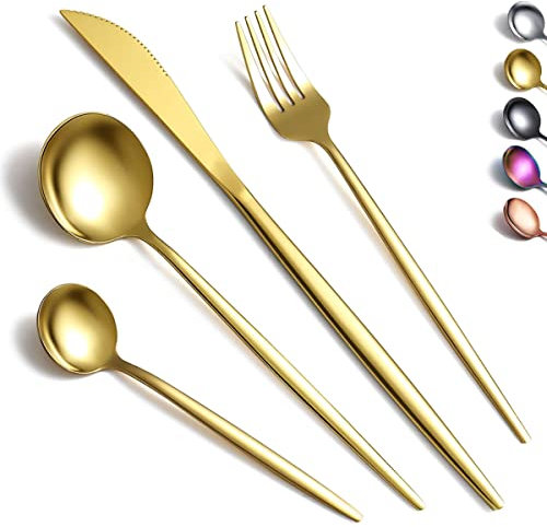 Kyraton Gold Cutlery Set 16 Pieces, Stainless Steel Flatware Set, Titanium Plating Gold Silverware Set Strong Anti Rust, Dishwasher Safe, Tableware Set Serving 4 People.