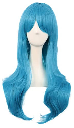 MapofBeauty 28 Zoll/70 cm Langes Lockiges Seitenschläger Haarspitzen Kostüm Cosplay Perücke (Cyan blau)