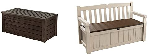 Keter 247660 Westwood 570L Outdoor Storage Box - Brown & Eden Bench 265L Outdoor Garden Storage Box Garden Furniture - Beige and Brown