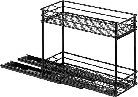 RNCOZE Portaspezie estraibile per armadio scorrevole a 2 ripiani, verticale porta bottiglie di condimento, stretto portaspezie per cucina, nero, 26,4 x 11,2 x 22,5 cm